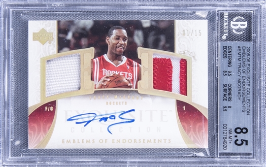 2005-06 UD "Exquisite Collection" Emblems of Endorsements #EMTM Tracy McGrady Signed Game Used Patch Card (#01/15) - BGS NM-MT+ 8.5/BGS 9